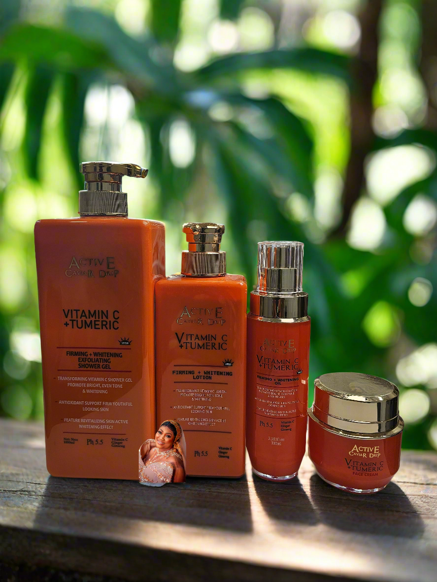 Active Caviar Drip Tumeric 4 in 1 Ligtening Set Lotion,Body Wash,Serum & Face Cream