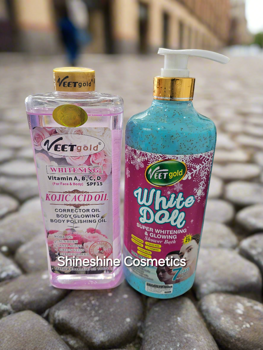 Veet Gold White Doll Ligtening Shower Scrub & Veet Gold Kojic Acid Ligtening Oil