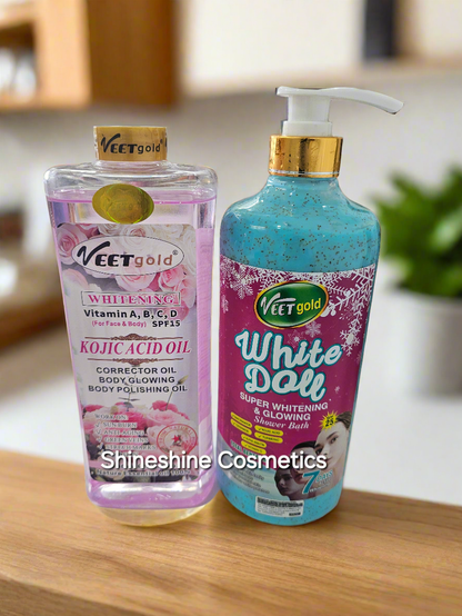 Veet Gold White Doll Ligtening Shower Scrub & Veet Gold Kojic Acid Ligtening Oil